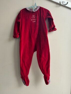 ❤️👶 Jacadi Velour Footed Romper – Red with Plaid Collar – 18–24M 👶❤️